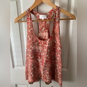 ALEXIS Red/Tan Floral 100% Silk Sleeveless Racer Back Scoop Neck Top SZ XS